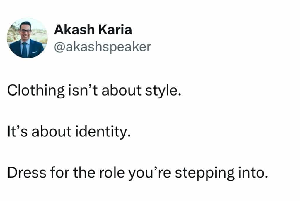 Executive presence advice on professional attire: Clothing represents identity, not just style. Dress for the leadership role you want