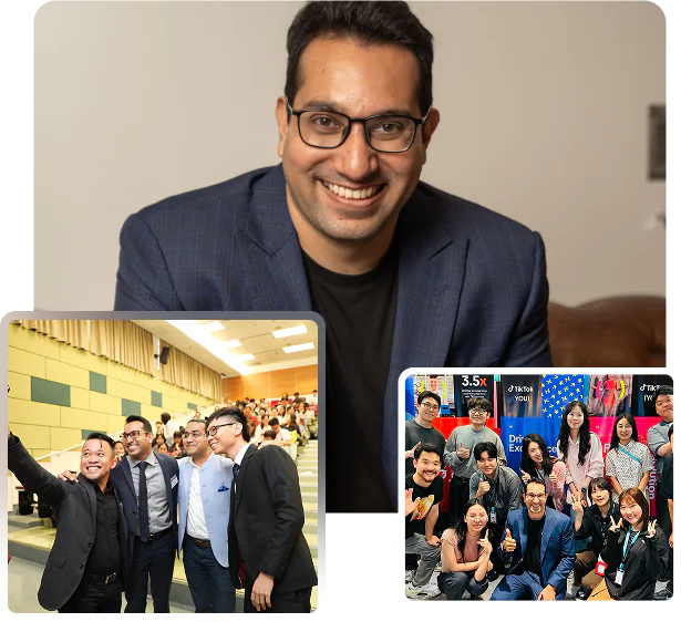 Akash Karia with corporate teams in the Philippines, including a TikTok Philippines leadership workshop — motivational speaker for high-performing teams